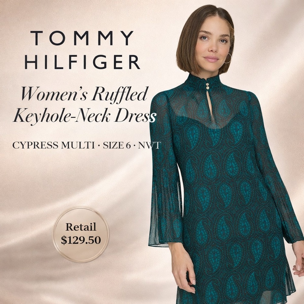 Tommy Hilfiger Paisley Chiffon Shift Dress Cypress Green 6 NWT Designer Office - Picture 2 of 7